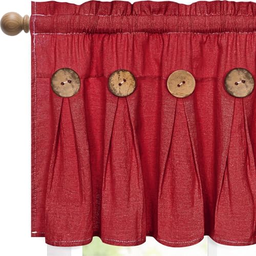 FRAMICS Farmhouse Valance Curtains Boho Cotton Linen Kitchen Valance Red Rustic Button Window Valances for Kitchen Bathroom Country Rod Pocket Valances for Windows Christmas Red 52 x 18 Inch