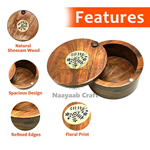 Image of Naayaab Craft Sheesham Wooden Hand Carved Floral Box with Lid, for Chapati, Roti (20 x 20 x 10cm, Brown)