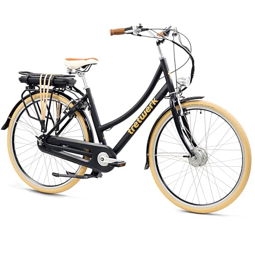 TRETWERK - 28 Zoll E-Bike - Damen Vintage Bike - Aurora - Pedelec Damenfahrrad mit 7 Gang Shimano Nabenschaltung - E-Hollandrad Elektrofahrrad mit Frontmotor 250W 36V 468Wh 40Nm - schwarz 50 cm