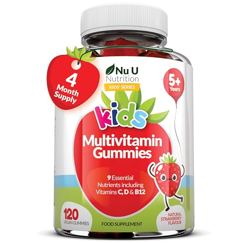 Multivitamin Gummies for Kids - 120 Vegan Gummies - 4 Month Supply - Tasty Strawberry Flavour - 9 Essential Vitamins Including C, D & B12 - Made in The UK - Nu U Nutrition