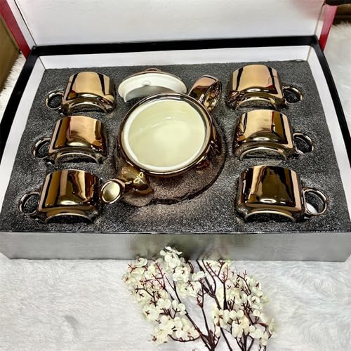 Image of DMRD Porcelain Tea Set with Kettle |Tea Cup Set 7Pc | Aesthetic and Classic Cups Set | Premium Crockery for Home & Gifting with Golden Color Geometric Pattern Design. (Golden)