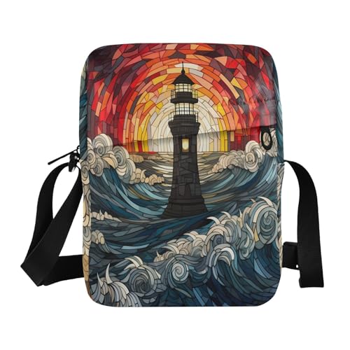 men's messenger bag Shoulder Crossover Bag Everyday Purses Adjustable Strap for School School- Lighthouse Art Orange