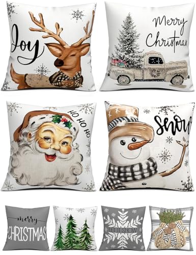 Image of multiwins Christmas Decorations Set of 4 Double-Sided Print Christmas Pillow Covers 16 inch x 16 inch, with 8 Cute Patterns, Throw Pillow Covers Perfect for Home Christmas Decor