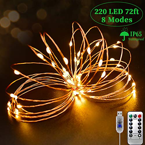 KNONEW 22 m USB Powered LED 8 modos para interiores/exteriores, luces estrelladas de alambre de cobre con mando a distancia para Halloween, bodas, Navidad blanco cálido