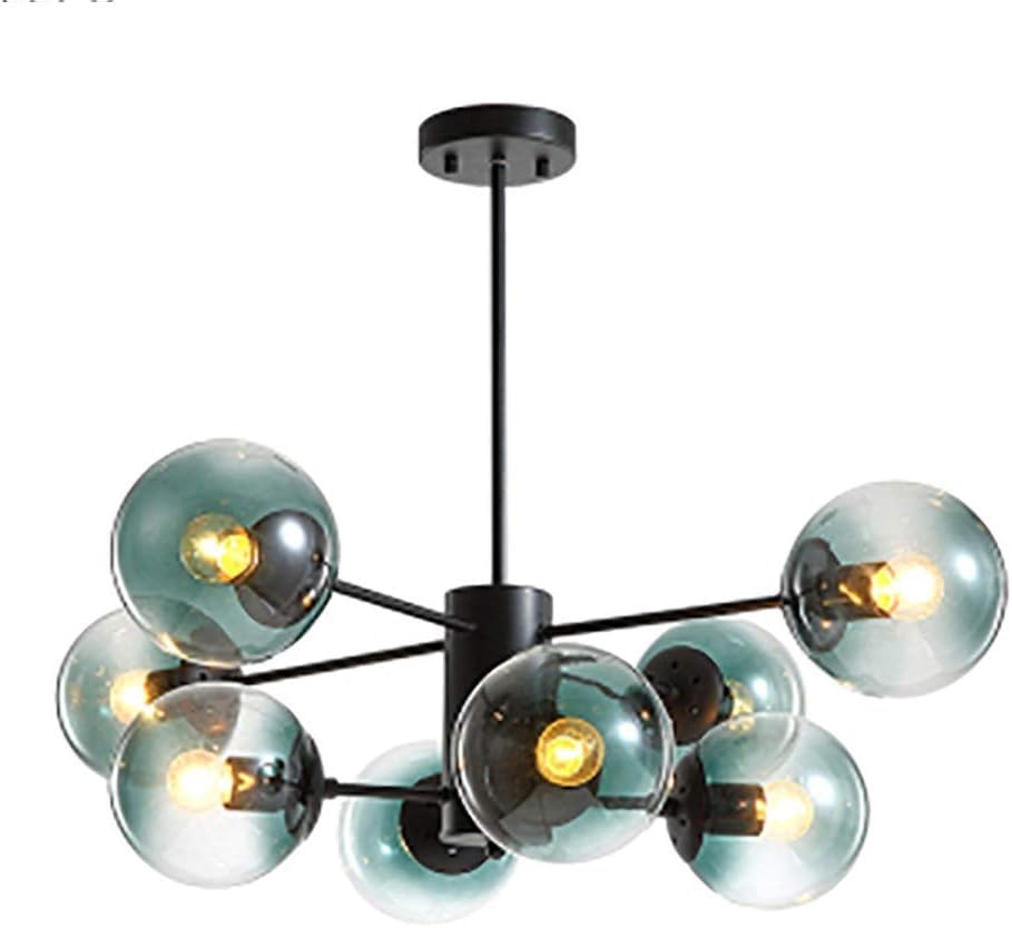 Lustre Spoutnik E27 noir mat avec 8 globes en verre bleu pour plafond
