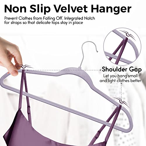 Techzoo Premium Velvet Hangers 50 Pack Ultra Thin Non Slip Adult Felt Space Saving Suit Hanger For Closet Heavy Duty Coat Pants Jackets Dress Hangers 360° Swivel Hook Hold Upto 10 Lbs Purple Hangers #TOP4