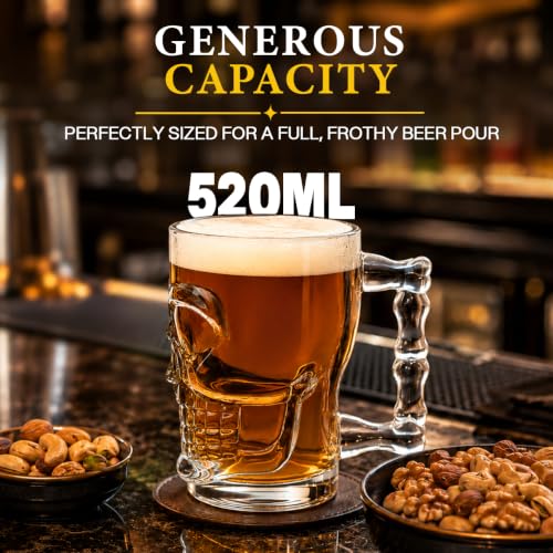Image of CELLO Skull Glass Beer Mug with Handle Set of 2 Pieces, 520 ml Transparent | Freezer & Fridge Safe, Durable Leadfree Dishwasher Safe Toughened Glass Mug for Serve Beer, Cocktail Mocktail & Beverages
