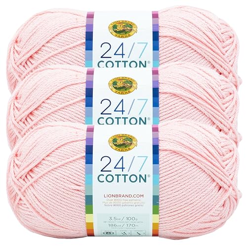 Image of Lion Brand 24 /7 Cotton Yarn, Yarn for Knitting, Crocheting, and Crafts, Pink Lemonade, 3 Pack | Light Worsted 100% Mercerized Cotton Yarn for Crochet, Knitting, Craft, 185 Yards of Natural Fiber for Tees, Bags, Dishcloths