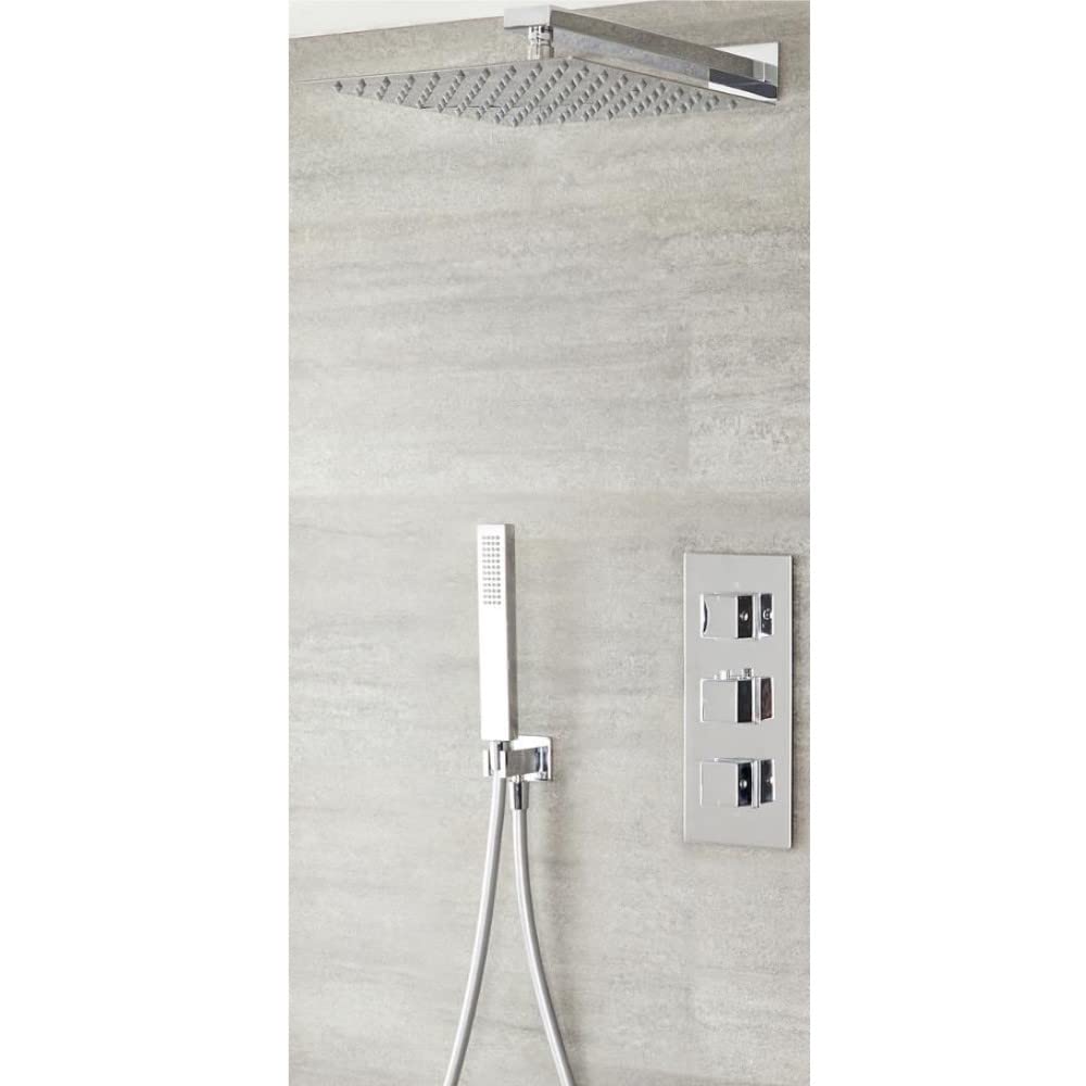 Milano Chrome (Silver) Arvo Thermostatic Mixer Valve 400Mm Wall Mounted Rainfall Shower Head Handset - Chrome