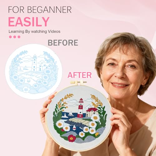 Image of Huacan 1pc Embroidery Kit, Needle Craft Handmade DIY Art Suitable for Adult Beginners, with Stamped Pattern, Instruction Manual, Embroidery Hoop, Colorful Threads and Needles