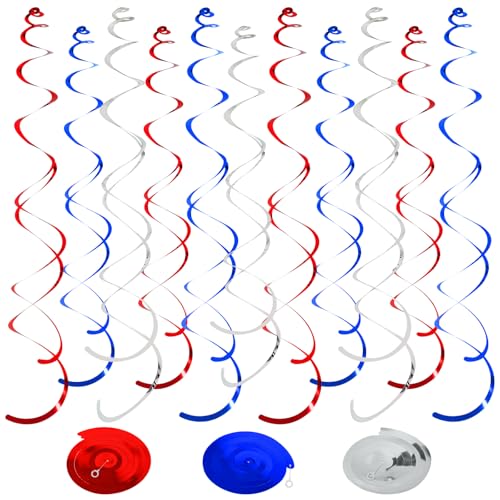 Image of 36 PCS Red Blue Silver Hanging Swirl, Sparkle Ceiling Hanging Decorations, Plastic Streamer Party Decorations with Double-Swirls for 4th of The July,Independence,250 Anniversary USA,Birthday Baseball