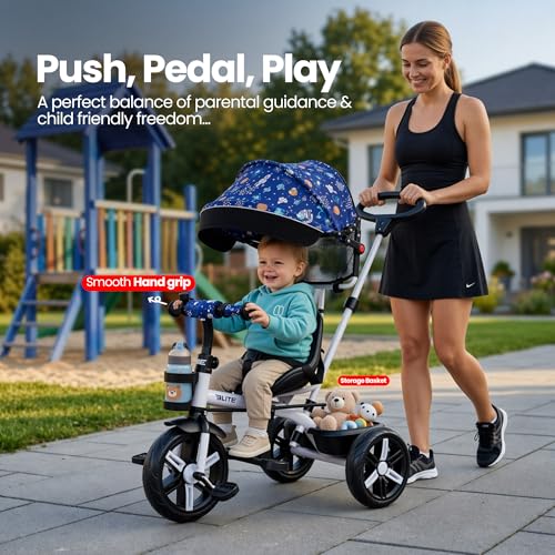 Image of Luusa Elite Pro 4-in-1 Kids Tricycle with Parent Push Handle, Adjustable Canopy, Safety Seat with Seat Belt, Storage Basket & Cup Holder | Toddler Trike for 1-4 Years Boys & Girls (White)