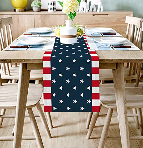 Farmhouse Table Runner Dresser Scarves For Kitchen Dining Party Decor, 4Th Of July American Independence Day Usa Flag Stars Stripes Burlap Linen Tabletop Cover Indoor Outdoor Tables Use - 13 X70 Inch #TOP1