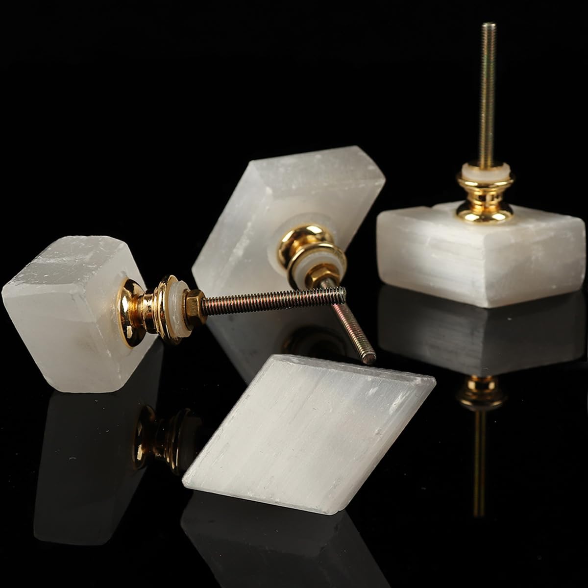 JIC Gem 4Pcs Rhombus White Selenite Drawer Knobs Gemstone Cabinet Pulls