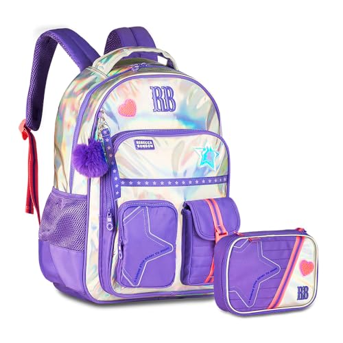 Kit Mochila Rebecca Bonbon Holográfica Costas Alça Carona Chaveiro Coleção 2026 Com Estojo Box Poliéster Escolar Meninas (RB27020 Lilás)