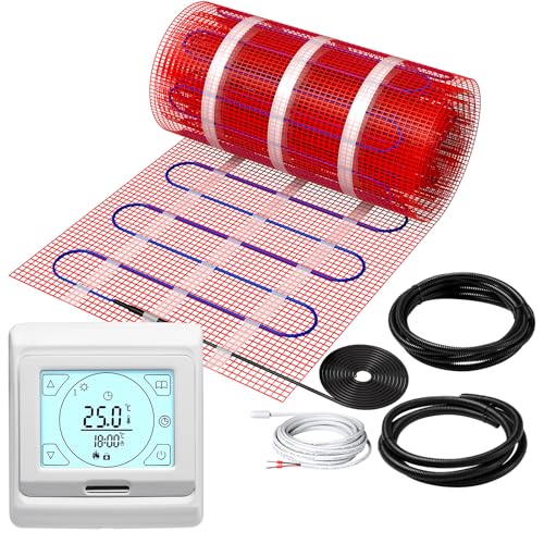 KEZERS Calefacción eléctrica por suelo radiante 150 W/m², autoadhesiva, para azulejos, laminado y más, termostato digital táctil con programa semanal para baño, pasillo, dormitorio, salón, 12 x 0,5 m