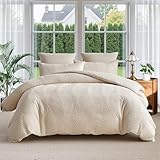 Jameswish 7 Pieces Tufted Boho Comforter Set Leaves Floral Khaki Farmhouse Shabby Chic Embroidered Bedding for All Seasons Queen Size with Comforter Sheets Pillowcases Shams
