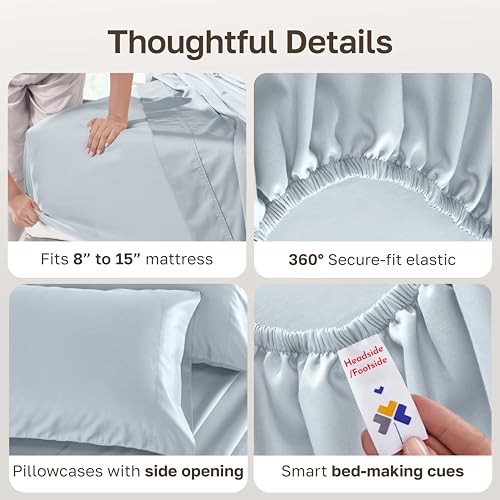 Image of California Design Den Split King Sheets Sets for Adjustable Bed Cotton Bedding - 500 Thread Count Sateen, 100% Cotton, Deep Pockets Bedding Set, Around Elastic, Snug Fit - Silver Mist Blue