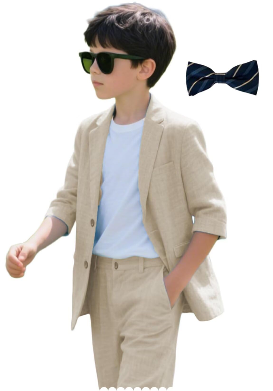 Photo 1 of Trasign Beige Linen Suits for Boys Kids 2 Piece Slim Fit Jacket Pants Set for Teenage Summer Beach Wedding Guest Outfit Size 8