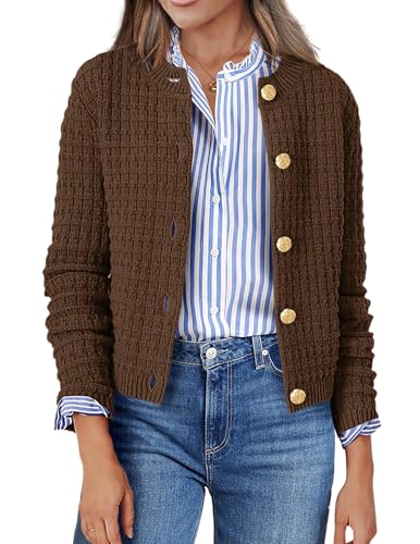 Zeagoo Women's 2026 Cardigan Sweaters Button Down Crew Neck Open Front Long Sleeve Knit Cropped Jackets Brown