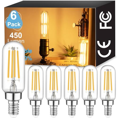 Image of Vinaco T6 LED Candelabra Bulb Dimmable 4W 2700K Warm White for Chandelier | 6PCS 40W Eq. 450LM, 360Beam, NO Flicker, 3.39 Inch, Clear Glass E12 LED Edison Bulb, for Ceiling Fan light, Pendant, Sconce