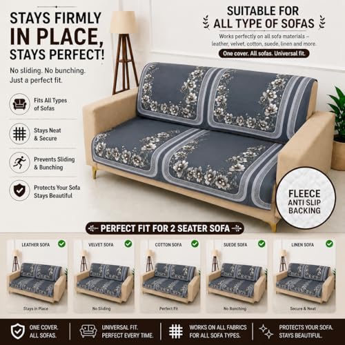 Image of Homerz Premium 'Luxe Series' Holland Velvet Sofa Cover | Smooth Finish | Anti-Skid Fleece Backing | Soft Touch Couch Protector for Living Room (Grey, 2 Seater, Seat Cover with Backrest)