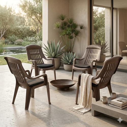 Image of Oaknest Supreme Comfy Relaxing Chair - Ergonomic High-Back Plastic Armchair for Home, Garden, Balcony & Patio | Heavy-Duty, Weather-Resistant & Easy to Clean | Champagne Grey | Set of 4
