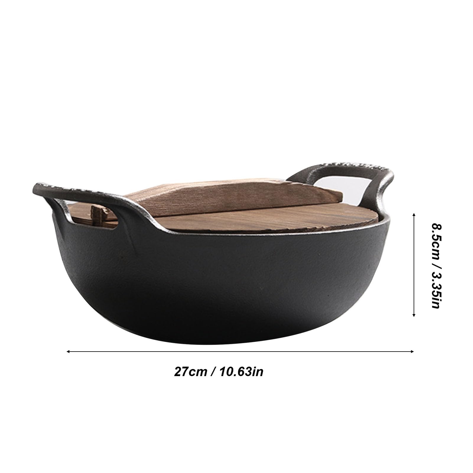 Wok in Ghisa con Doppi Manici, Coperchio in Legno, Pentola per Stufato Cinese Pre-stagionata, Pentole Calde in Ghisa per Piano Cottura a Induzione, 10,6x10,6x3,3 Pollici (BLACK)