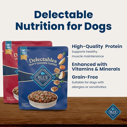 Blue Buffalo Delectables Variety Pack Natural Grain Free Wet Dog Food Topper (Tasty Chicken & Hearty Beef) Tender Cuts in Gravy with Natural Ingredients, Vitamins & Minerals, 3-oz. Each (12 Pouches)