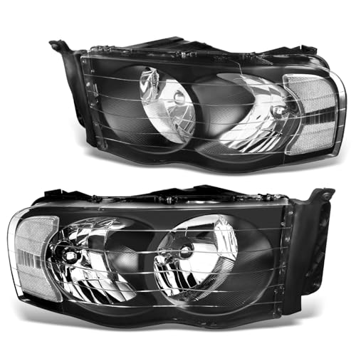 DNA MOTORING Pair Headlights Compatible with 02-05 Dodge Ram 1500 2500 3500 Left & Right Black Housing Clear Corner HL-OH-DR02-BK-CL1