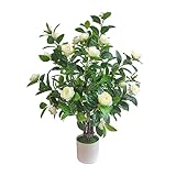 ECOFOREST Artificial Camellia Tree 35in Faux Floral Plant with White Flowers and Green Leaves - No Maintenance Indoor Outdoor Office Home Porch Decor Housewarming Gift(1 Pack - White)