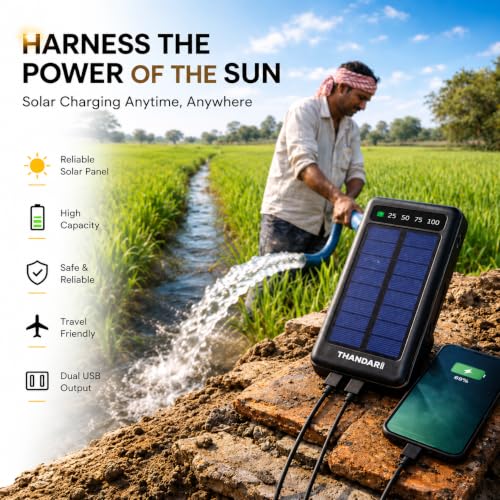 Image of THANDAR 10000mAh Solar Power Bank | Dual USB Output, Type-C Fast Charging Input, LED Torch, Emergency Solar Charging