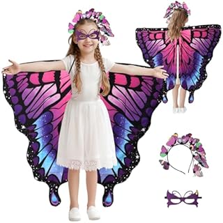 Jodimitty Kids Butterfly Wings Double Sided Printing Fairy Shawl with Butterfly Headband & Mask, Fancy Dress Up Butterfly Wings Cape for Kids Girls Party Halloween Costume (Purple)