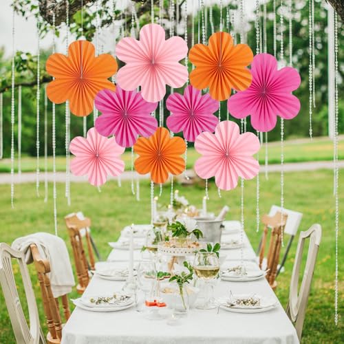 Image of SUNBEAUTY 9 Pcs Hot Pink and Orange Paper Flowers Decorations for Wall, Spring Summer Vibrant Decorations for Wall Rock Party Girl Groovy Birthday Baby Shower Wedding Bachelorette Room Hanging Decor