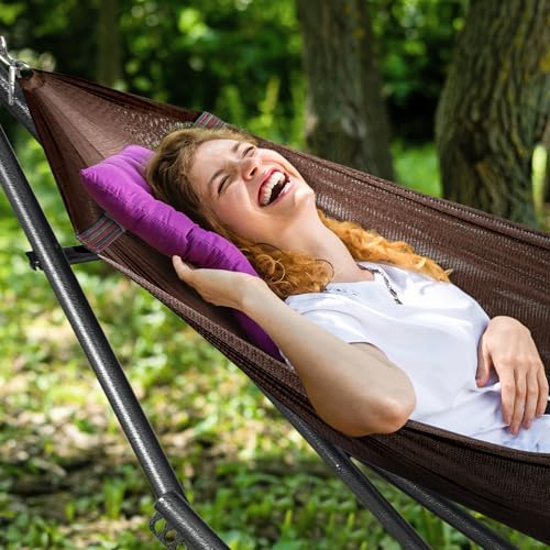 Image of Tranquillo Universal Double Hammock with Stand Included for 2 Persons /Foldable Hammock Stand 600 lbs Capacity Portable Case - Inhouse, Outdoor, Camping, Brown
