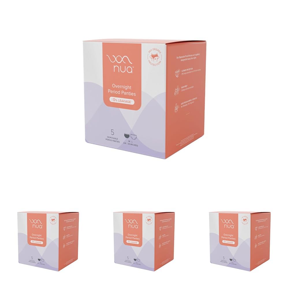 Nua Overnight Period Panties for Women | 360 Degree Coverage | for Heavy Flow | Unscented | 5 Disposable Period Panties | Medium-Large | Upto 0% Leakage (Pack of 4)