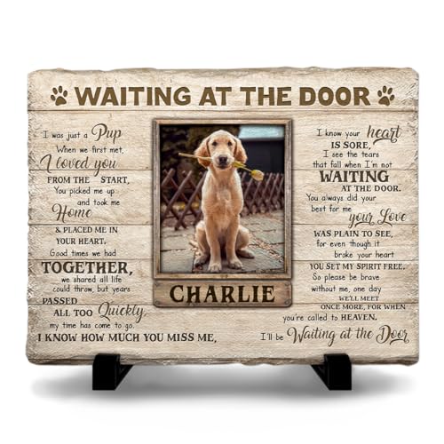 Kilyhome Personalized Dog Memorial Stone Plaque - Waiting at The Door, Sympathy Gift for Pet Lovers, Changing Colorful Background to Paint Loving Memory, Ideal Cat Mom Gifts
