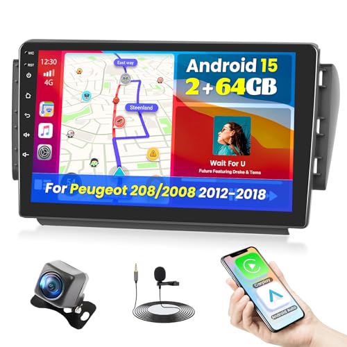 Fuluku 2+64G Android 13 Radio Coche para Peugeot 208/2008 2012-2018 con Inalámbrico Carplay Android Auto, 9 Pulgadas de Pantalla Táctil Radio con Bluetooth/WiFi/GPS/Cámara de Seguridad/FM/RDS/SWC