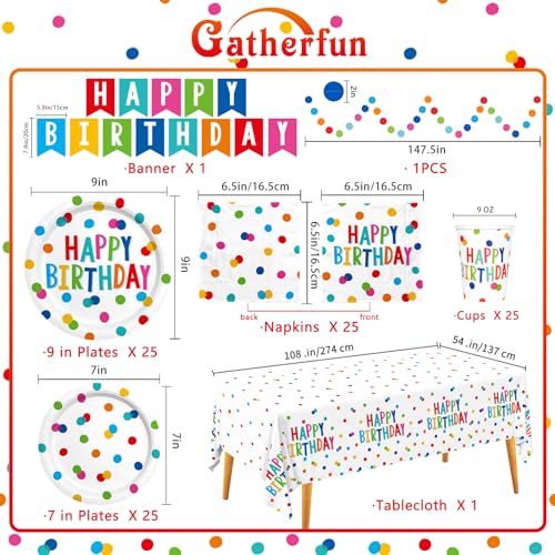 Happy Birthday Decorations: Happy Birthday Party Supplies Set with Birthday Dots Design- Includes Disposable Paper Birthday Plates and Napkins, Cups, Tablecloth, and Banner for Boys/Girls, Serves 25. - Image 3