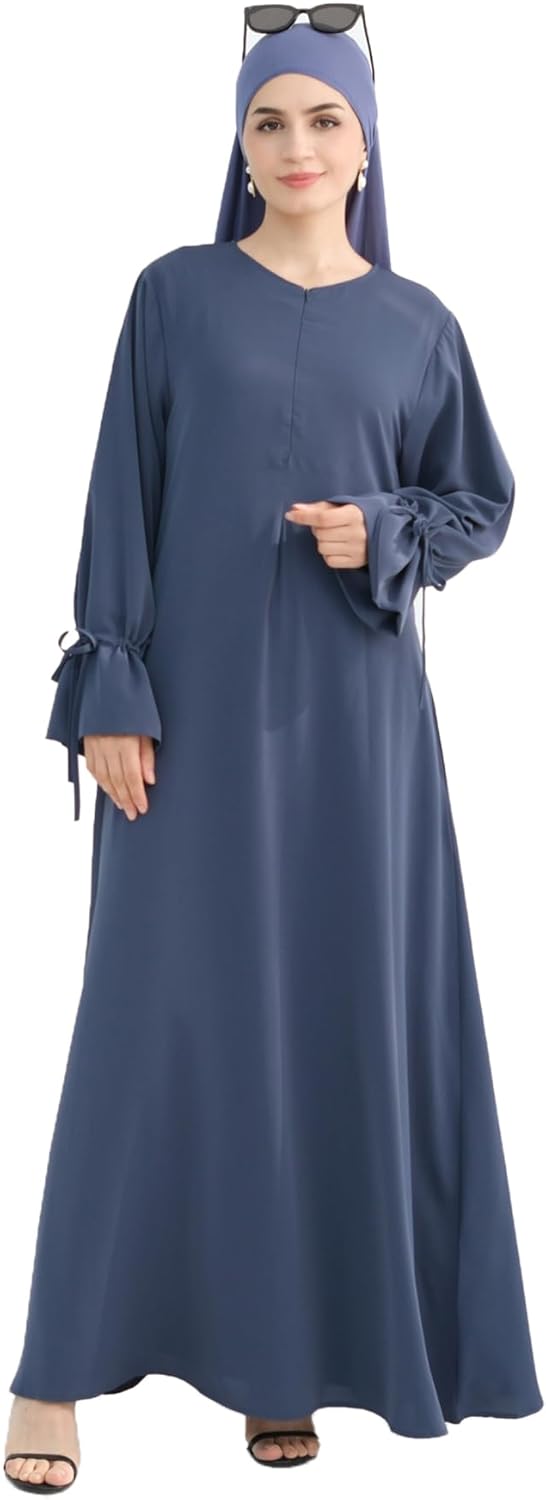 Tie Cuffs Dress Solid Color Abaya for Women Front Zipper Robe with Pocket Daily Islamic Prayer Clothes