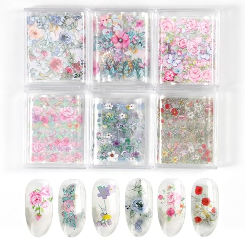 DANNEASY 6 Boxes Flower Nail Art Foil Transfer, Floral Spring Nail Stickers Foil Sheets, Starry Sky Nail Foils, Holographic Manicure Decals for Women Girls Manicure Tips Supplies