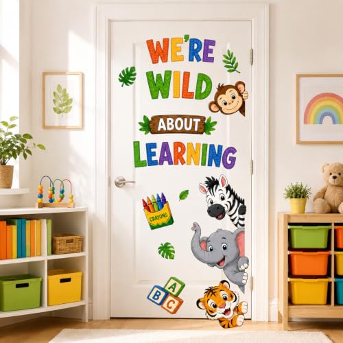 Animal Door Stickers PVC Jungle Animal Door Decals Tiger Elephant Giraffe Wild About Learning Door Stickers for Classroom Kindergarten School Wall Window Decor