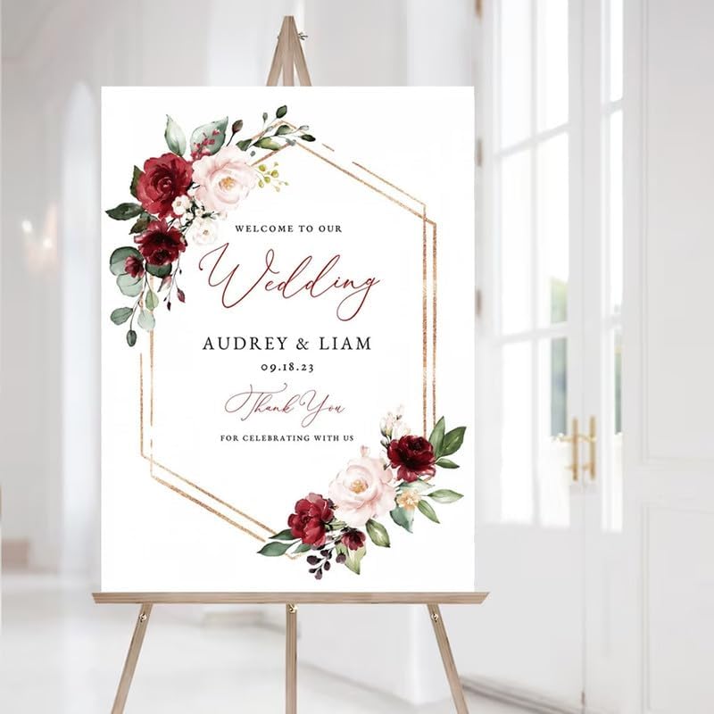 Welcome To Our Wedding Sign, Floral Wedding Welcome Sign, Burgundy Pink Floral Wedding Welcome Sign Decor, Custom Wedding Welcome Sign Board, Wedding Yard Sign, Welcome Wedding Outdoor Sign