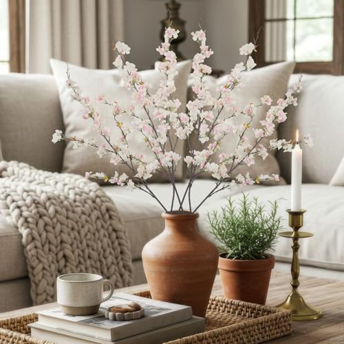 3 Pcs Artificial Cherry Blossom Flower Pink Silk Peach Flowers Bulk Plum Blossom Flowers with Leaves Cherry Blossom Branches Vase Arrangement for Spring Wedding Indoor Outdoor DIY Party Decor by FAICOIA - Image 4