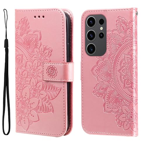 Étui Samsung S21 Ultra or rose en cuir à rabat magnétique et motif floral