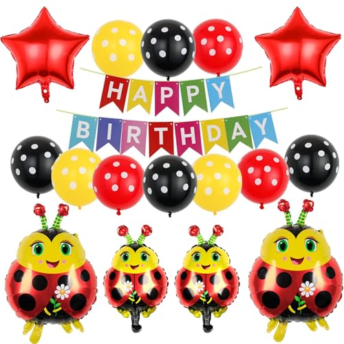 Decorações de aniversário de joaninha inclui bandeira de Happy Birthday de joaninha, decoração de aniversário, joaninha balões de látex de bolinhas vermelhas pretas, para Bambini Festa Coccinella