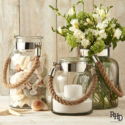 Image of Elegant Clear Glass for Home Decor | Decorative Lighting | Lantern with Jute Handle | Hanging Glass Planters Decoration | Garden Planters Borosilicate Glass (Clear, Large)