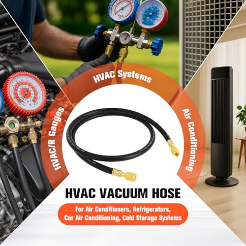 Image of 3 /8 inch HVAC Vacuum Pump Hose 5FT, 3 /8 inch x 3 /8 inch SAE Fittings, 600 PSI Working Pressure 3000 PSI Burst, 15660 Flexible Rubber AC Charging Hose for R134A R410A R22 Refrigerant Systems