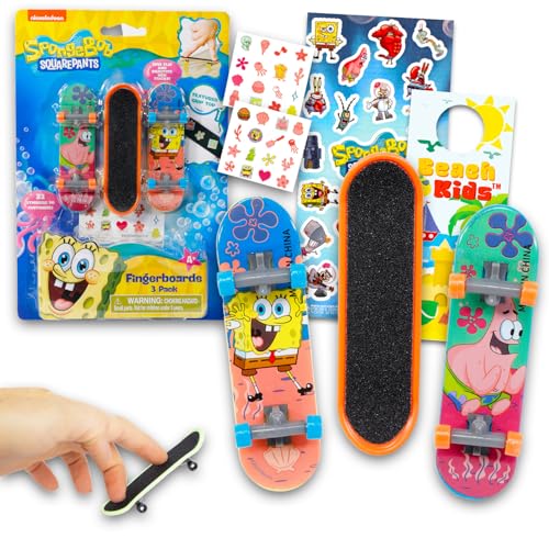 SPONGEBOB SQUAREPANTS Fingerboard Toy Set - 3 Pc Bundle Finger Skateboard for Kids, Spongebob Stickers, and More Party Favors
