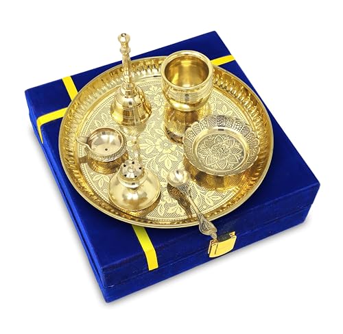 Image of BENGALEN Brass Pooja Thali Set with Blue Gift Box 8 Inch Pital Puja Thali Dhup Dan Kalash Palli Ghanti Kangura Plate Kuber Diya for Diwali Home Mandir Office Wedding Return Gifts Items